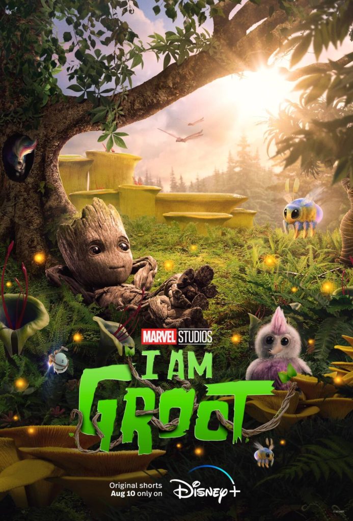 baby groot laying by tree